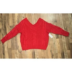MAIN STRIP Red Oversized Cable Knit 3/4 Sleeve Deep V Neck Sweater size S/M